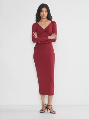 Aritzia Contour Symbolic Dress Long Sleeve Twist-Front Midi Dress in Burgundy